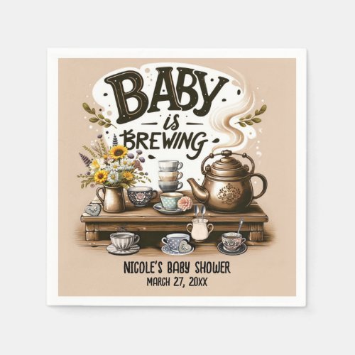 Baby is Brewing Rustic Tea Kettle Peach Shower Napkins
