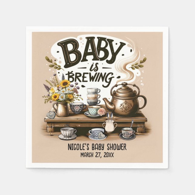 Baby is Brewing Rustic Tea Kettle Peach Shower Napkins (Front)