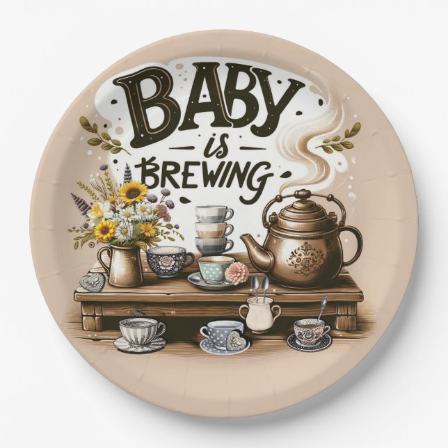 Baby is Brewing Rustic Tea Kettle Peach Shower Paper Plates (Front)