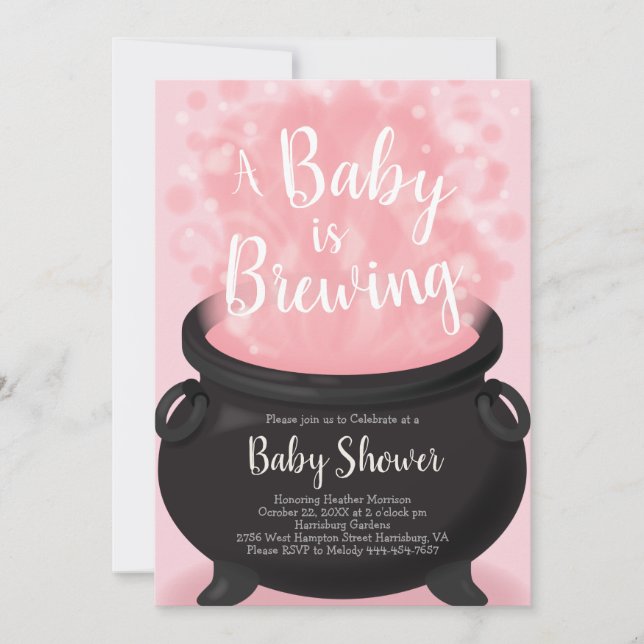 Baby is Brewing Shower Witch Pink Girl Cauldron Invitation (Front)