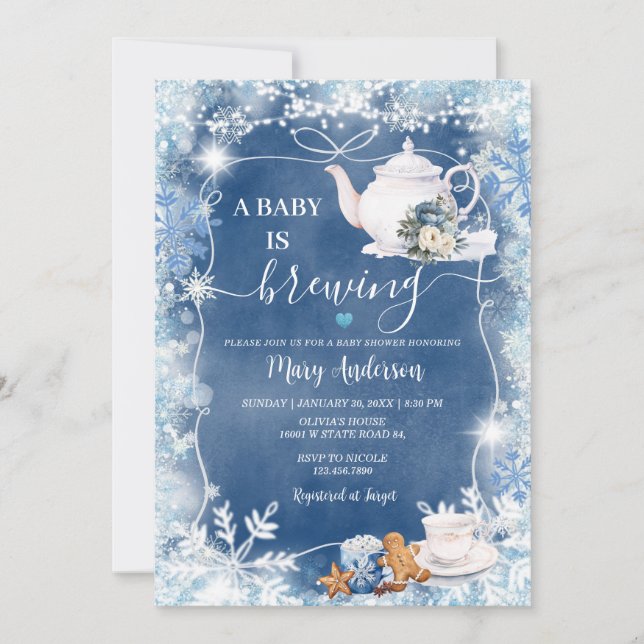 Baby Is Brewing Snowflakes Tea Party Baby Shower Invitation (Front)