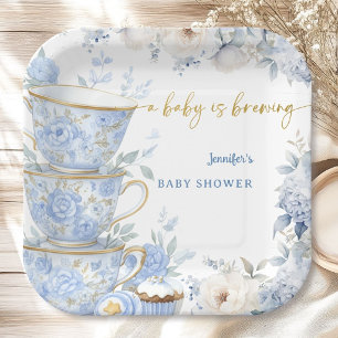 Baby Is Brewing Tea Party Baby Shower Blue & Gold Paper Plates