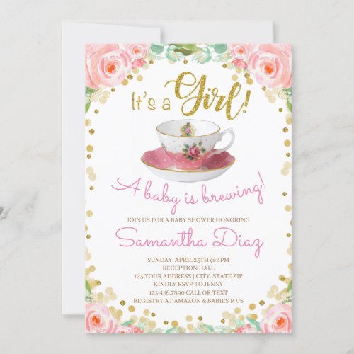 Baby is Brewing Tea Party Baby Shower Girl Pink Invitation