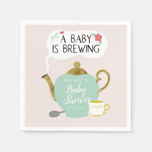 Baby Is Brewing | Tea Party Floral Baby Shower Napkins (Front)