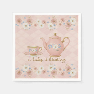 Baby Is Brewing Tea-Party Pink Floral Baby Shower Napkins