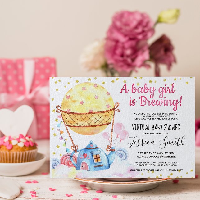 Baby is Brewing Tea Party | Virtual Baby Shower Invitation (Baby is brewing baby shower invitation: An elegant and fun design to get your “pour-tea” started.)