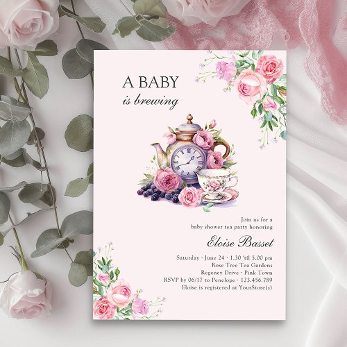Baby is Brewing Vintage Tea Party Pink Baby Shower Invitation