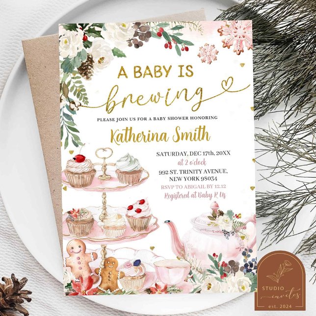 Baby is Brewing Winter Christmas Tea Baby Shower I Invitation (Creator Uploaded)