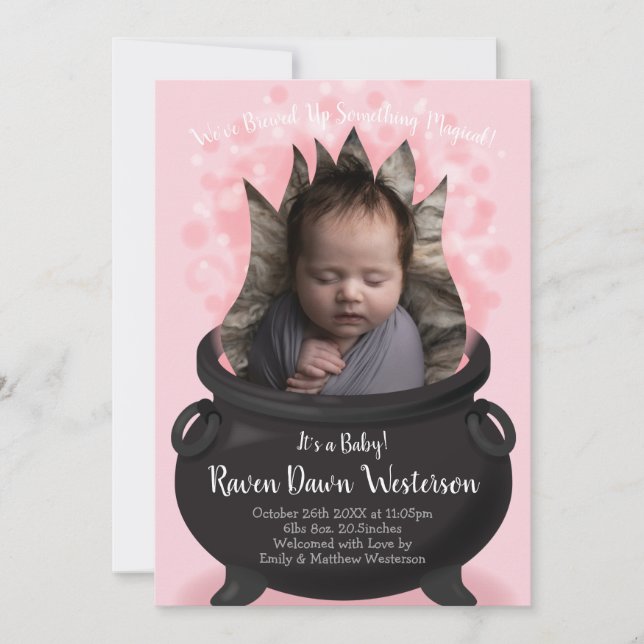 Baby is Brewing Witch Birth Announcement Pink Girl (Front)