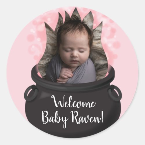 Baby is Brewing Witch Birth Announcement Pink Girl Classic Round Sticker