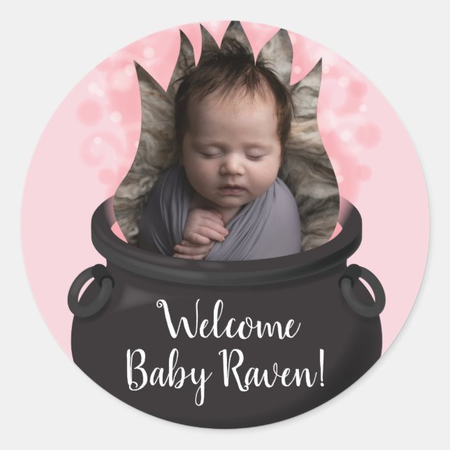 Baby is Brewing Witch Birth Announcement Pink Girl Classic Round Sticker (Front)