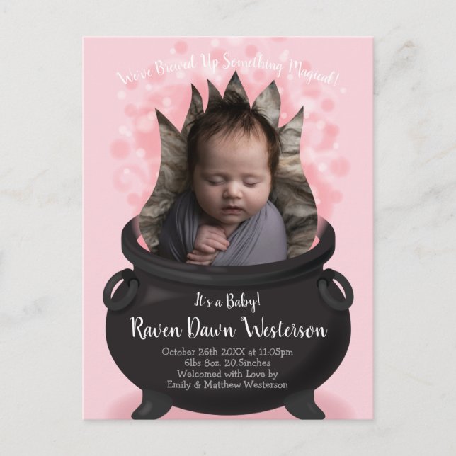 Baby is Brewing Witch Birth Announcement Pink Girl Postcard (Front)