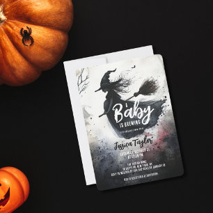 Baby is Brewing Witch Broom Spooky Watercolor Invitation