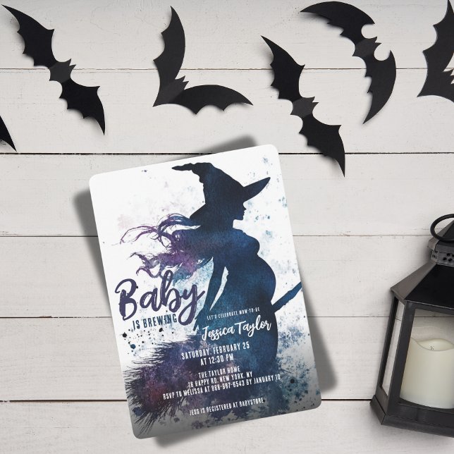 Baby is Brewing Witch Broom Watercolor Invitation (Creator Uploaded)