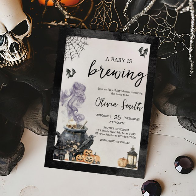 Baby is Brewing Witch Cauldron Baby Shower Invitation (A Baby is Brewing Halloween Baby Shower Invitation)