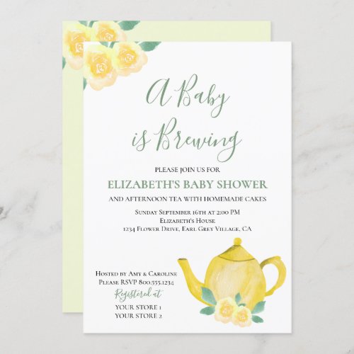 Baby is Brewing Yellow Teapot Baby Shower Invitation