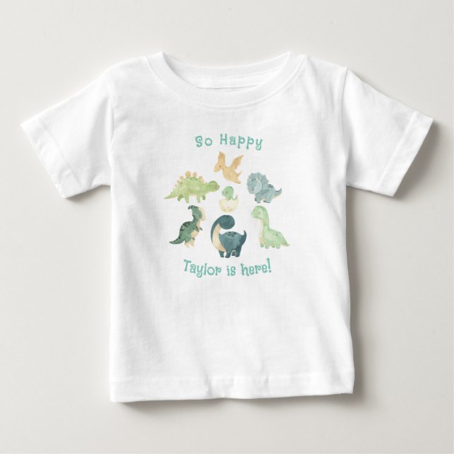 Baby Is Here! Cute Dinosaur Personalized Baby T-Shirt (Front)