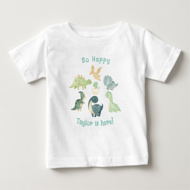 Baby Is Here! Cute Dinosaur Personalized T-Shirt (Front)