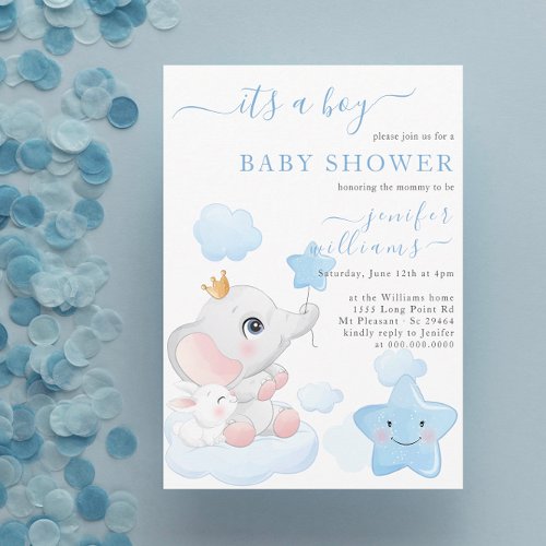 Baby Its a Boy Little Cute Elephant Baby Shower Invitation