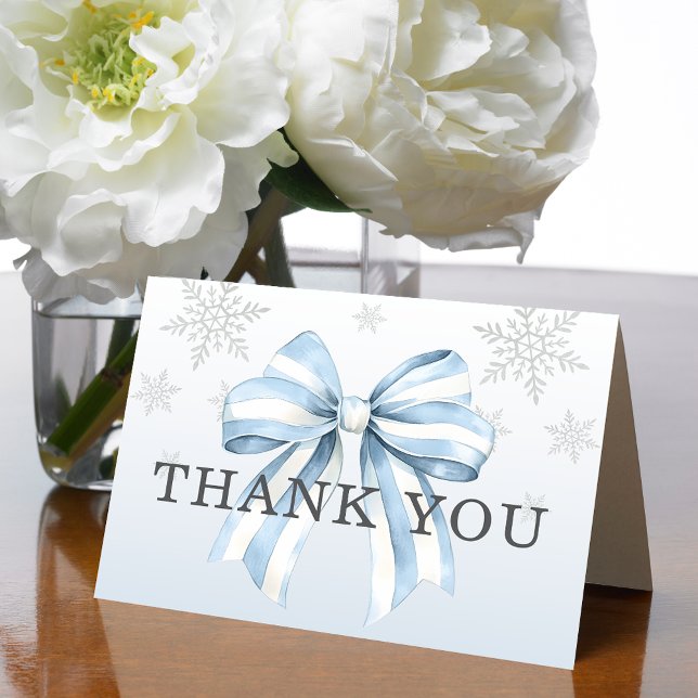Baby It’s Cold Outside Blue Bow Letterpress Thank You Card (Send winter thanks with Baby It’s Cold Outside Blue Bow Thank You Cards. Elegant snowflake design.)