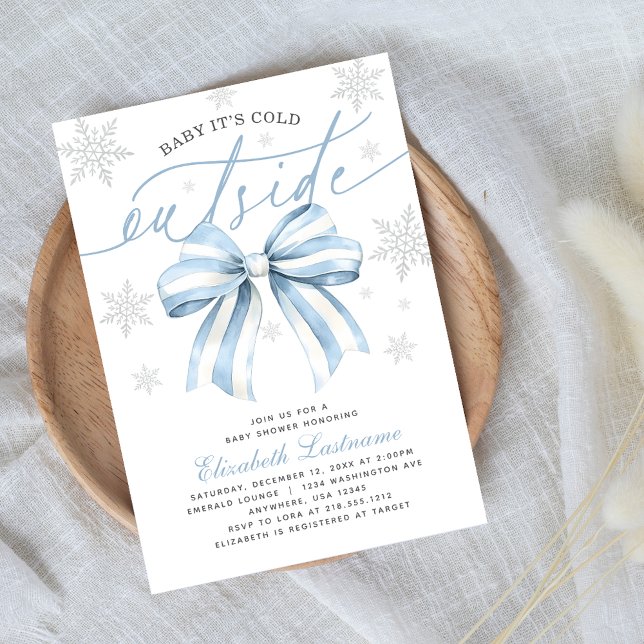 Baby It’s Cold Outside Blue Bow Winter Baby Shower Invitation (Celebrate in winter style with our Pink Bow “Baby It’s Cold Outside” Baby Shower Invitation.)