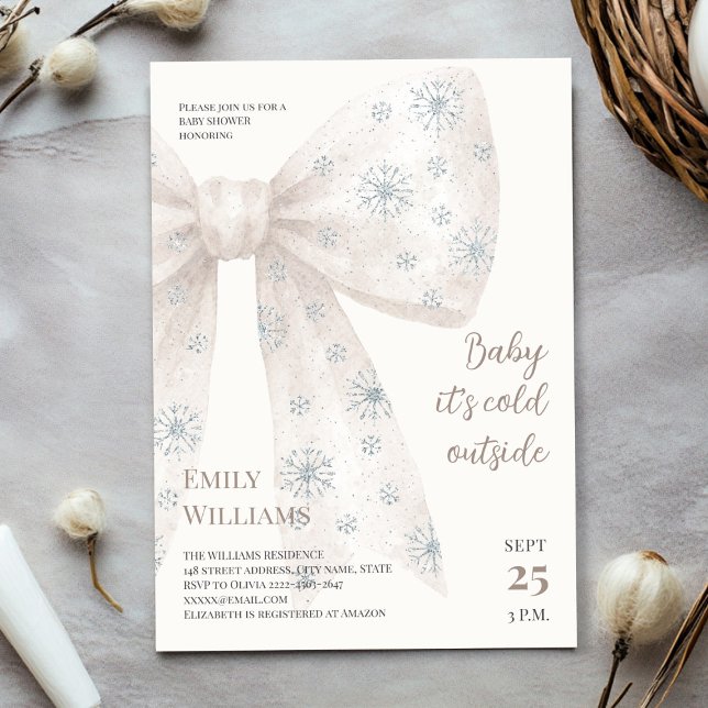 Baby it’s cold outside white bow Baby Shower Invitation (Baby It’s Cold Outside Theme with beige blue neutral Snowflake Bows)