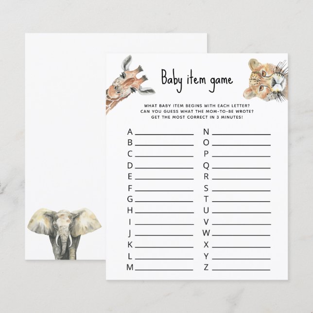 Baby item game - Safari animals baby shower  (Front/Back)