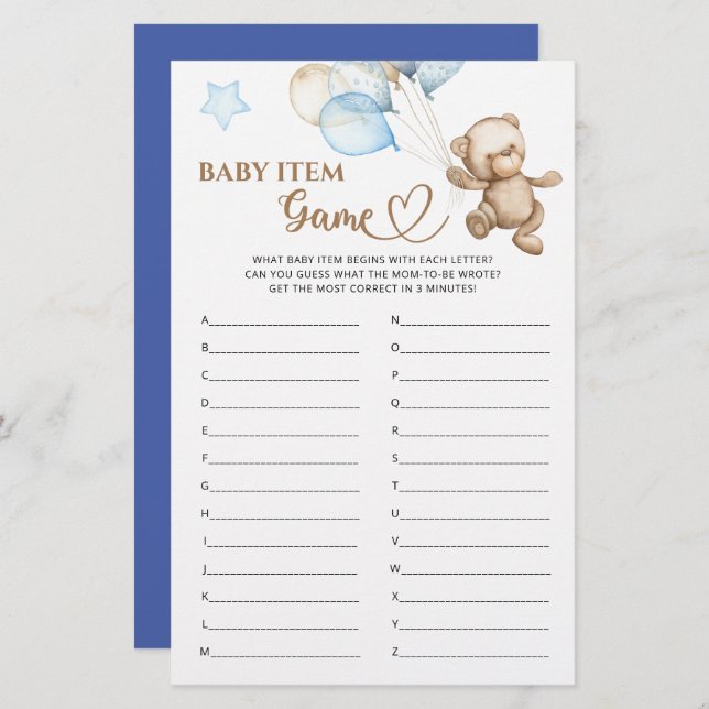 Baby Item Game Teddy Bear Baby Shower (Front/Back)