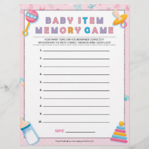 Baby Item Memory Game [Baby Basics Pink] Letterhead