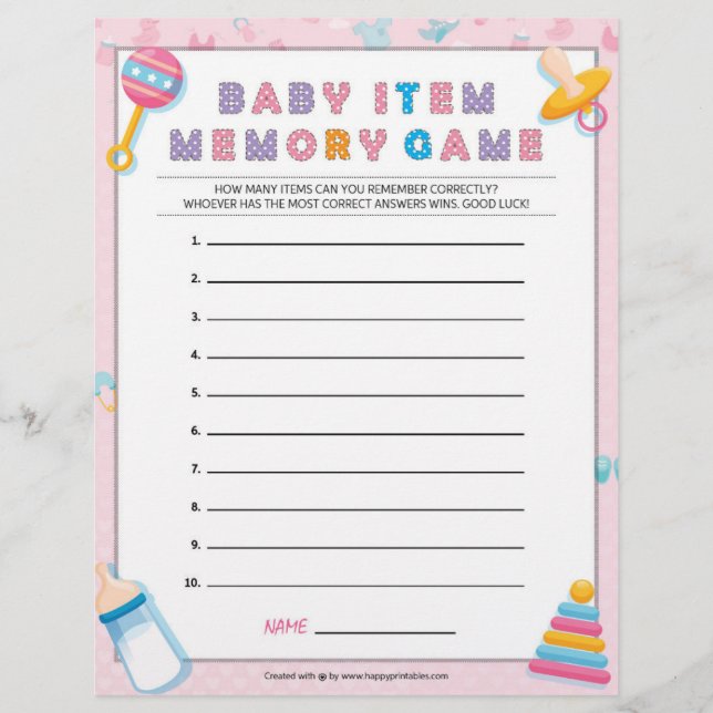 Baby Item Memory Game [Baby Basics Pink] Letterhead (Front)