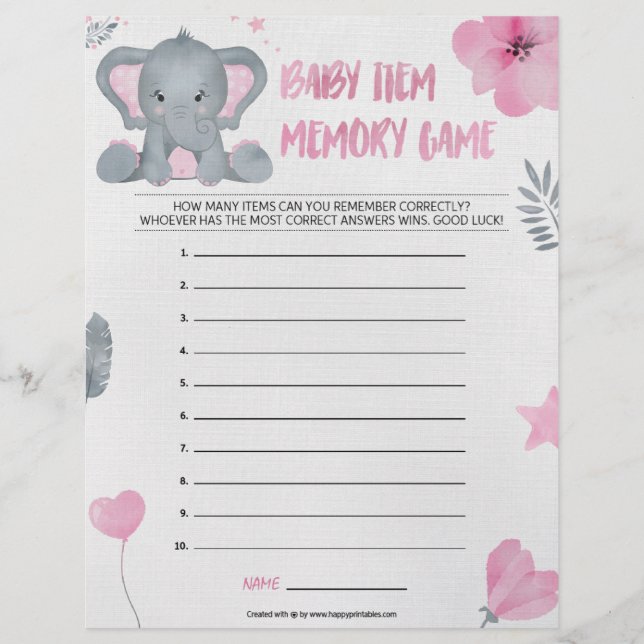 Baby Item Memory Game [Baby Elephant [Pink]] Letterhead (Front)