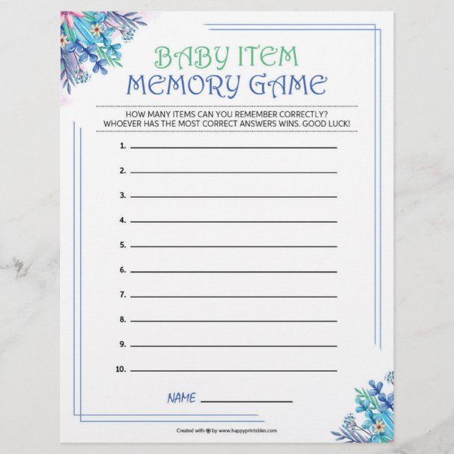 Baby Item Memory Game [Blue Floral] Letterhead (Front)