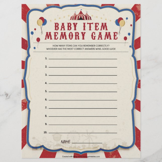 Baby Item Memory Game [Circus Theme] Letterhead (Front)