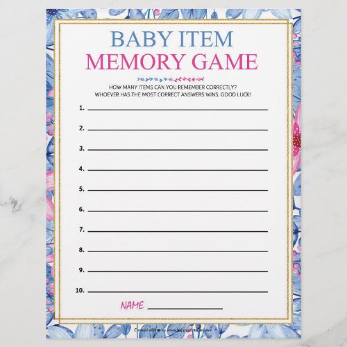 Baby Item Memory Game Floral Watercolors Letterhead