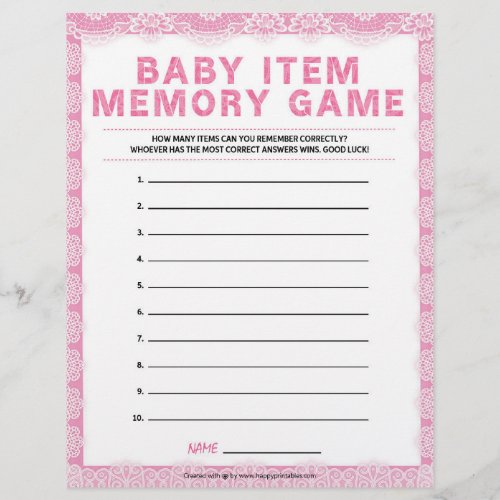 Baby Item Memory Game Luxury Lace Pink Letterhead