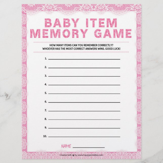 Baby Item Memory Game [Luxury Lace [Pink]] Letterhead (Front)