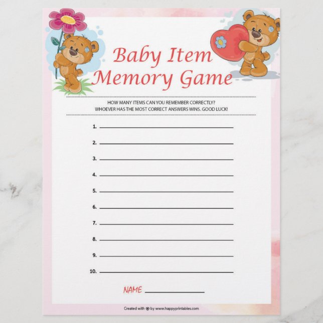 Baby Item Memory Game [Teddy Bears] Letterhead (Front)