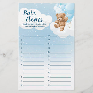 Baby Items Alphabet Blue Bear Baby Shower Game Flyer