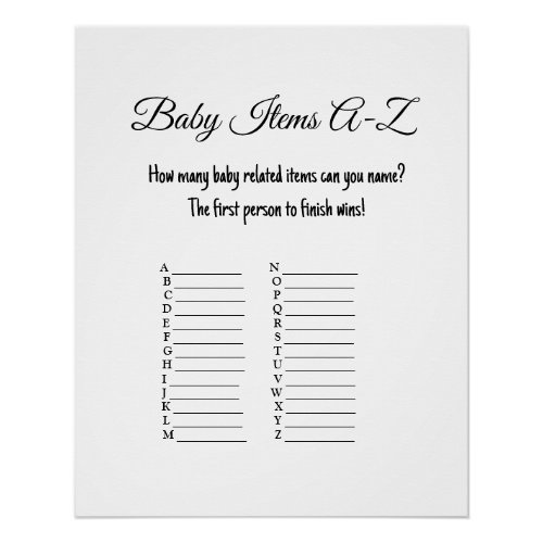 Baby items baby shower game poster