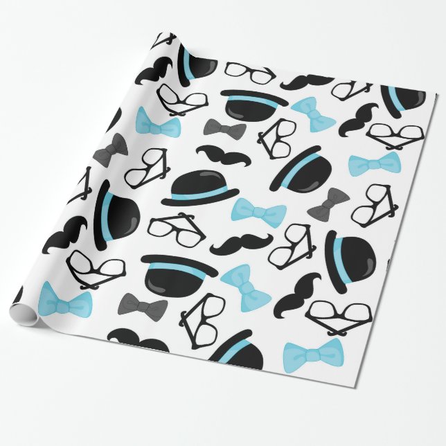 Baby It's a Boy Blue Mustache Little Man Wrapping Paper (Unrolled)