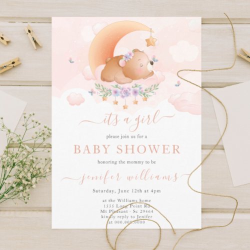 Baby Its A Girl Cute Little Bear Baby Shower Invitation