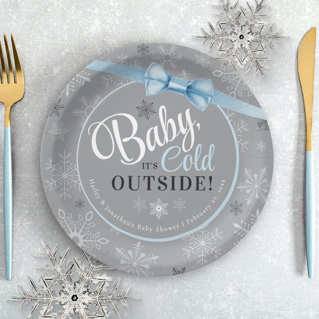 Baby It's Cold Blue & Gray Snowflake Boy Shower Paper Plates (Cute pastel blue baby boy winter snowflake shower table setting, paper plate, baby It's cold outside)