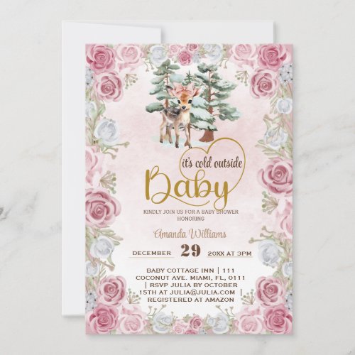 Baby Its cold Floral Deer Baby Girl Shower  Invitation