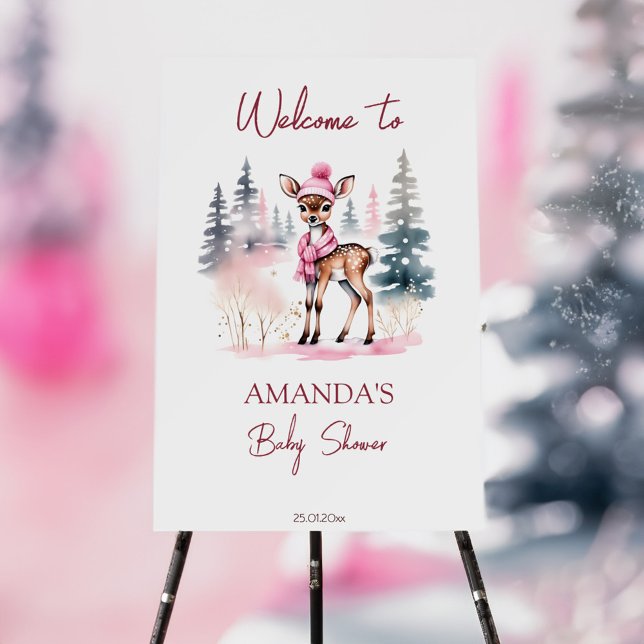 Baby it's cold girl deer baby shower welcome sign (Baby it's cold outside cute girl deer baby shower welcome sign board snowy pines watercolor)