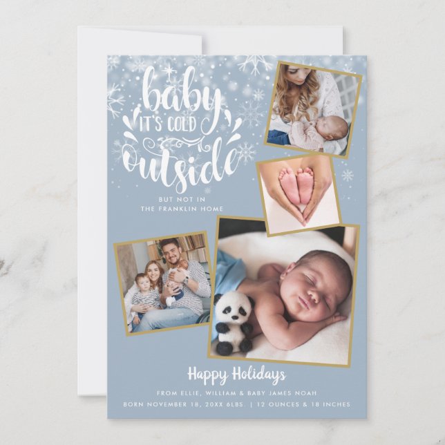 Baby It's Cold Outside 4 Photo Holiday Boy Birth Announcement (Front)