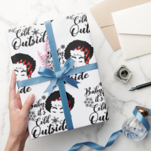 Baby It's Cold Outside Afro Woman Plaid Santa Hat Wrapping Paper