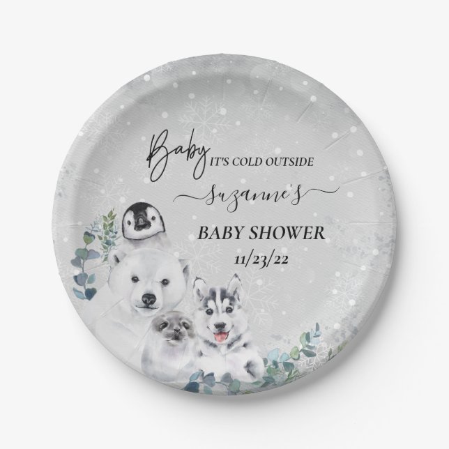 Baby It's Cold Outside Arctic Animal Shower Winter Paper Plates (Front)