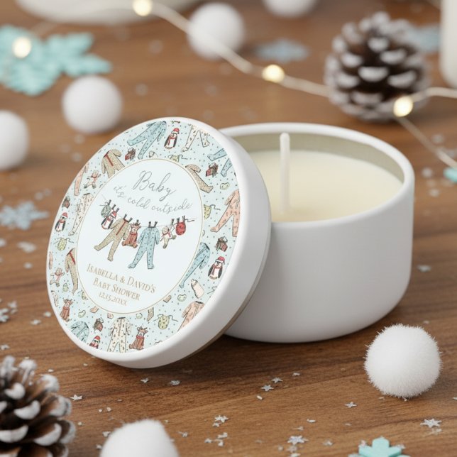 Baby Its Cold Outside Baby Blue Winter Baby Shower Mini Candle Favors (Elegant Mini Baby Shower Candles to Say Thank You. Cute Xmas Pajamas Pattern with Script Letters. )