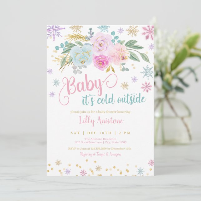 Baby It's Cold Outside Baby Girl Invitation (Standing Front)