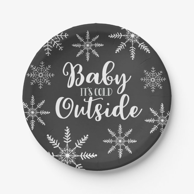 Baby It's Cold Outside Baby Shower Snowflake Gray Paper Plates (Front)